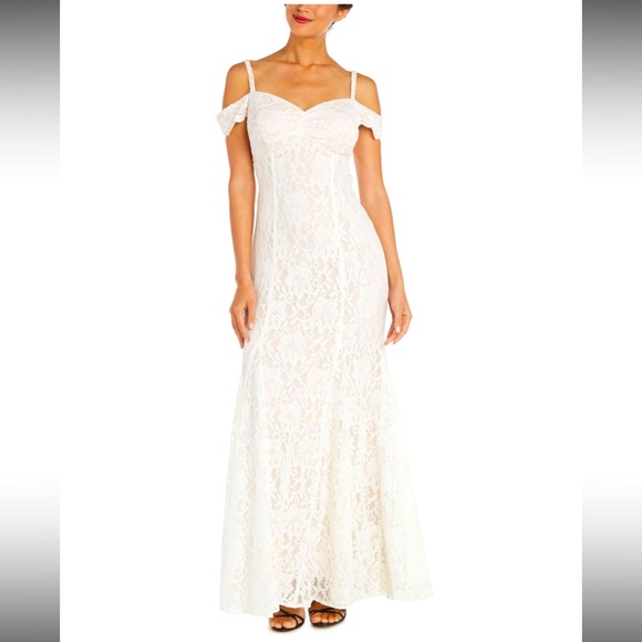 NIGHTWAY Womens Ivory Stretch Cold Shoulder Formal Gown Dress 8 or 18
